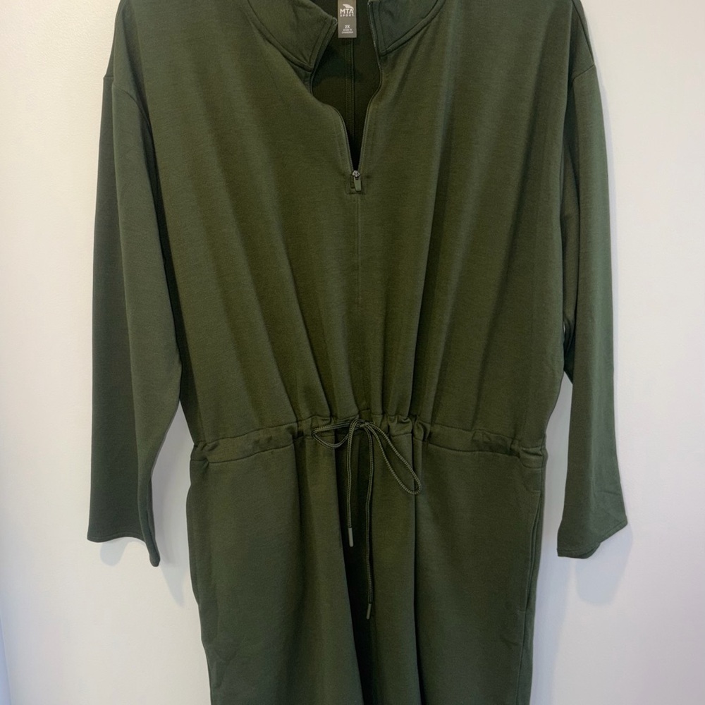 MTA Sport Olive Green Zip-Up Top or Dress. Has pockets and a drawstring waist.